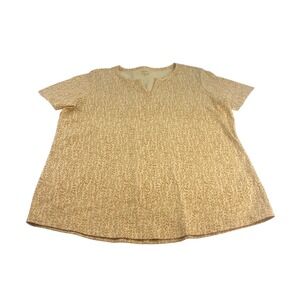 L.L.Bean Women's XL Yellow Brown Floral Print Short Sleeve V-Neck T-Shirt Top